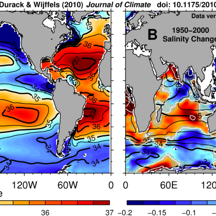 50-year mean (left) and changes (right) to global ocean surface salinity