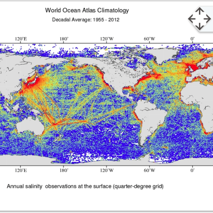 Annual salinity observation at the surface (quarter-degree grid) for 1955-2012 time period