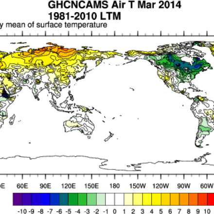 GHCN-CAMS high resolution (0.5x0.5) analyzed global land surface temperatures for March 2014. (source: NOAA ESRL)