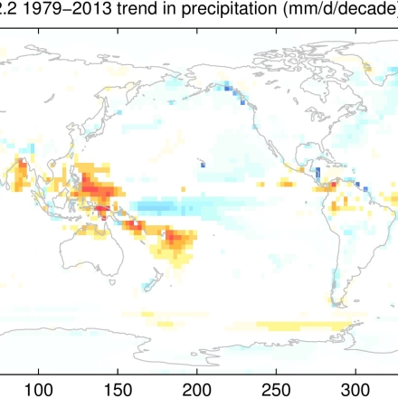 Map of significant trends in precipitation, according to GPCP v2.2. (contributed by A. Pendergrass)