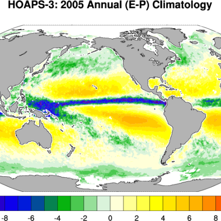 Climate Data Guide Image: HOAPS-3: Annual mean freshwater flux (E-P) for 2005.