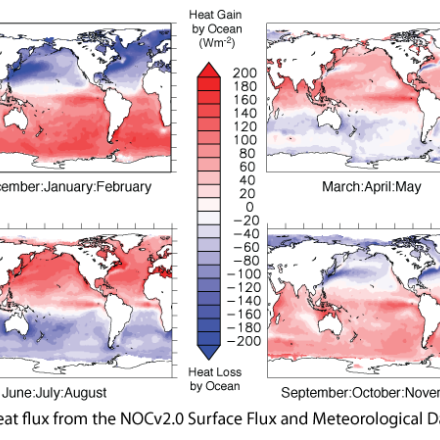 Net heat flux from the NOCv2.0 Surface Flux and Meteorological Dataset (contributed by E. Kent)