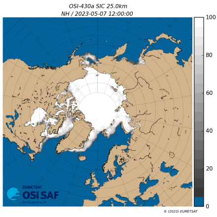 Northern Hemisphere sea-ice concentration for May 7, 2023. Standard OSI SAF quick-look daily map (https://osisaf-hl.met.no/quicklooks-1prod).(contribued by Signe Aaboe and Thomas Lavergne)